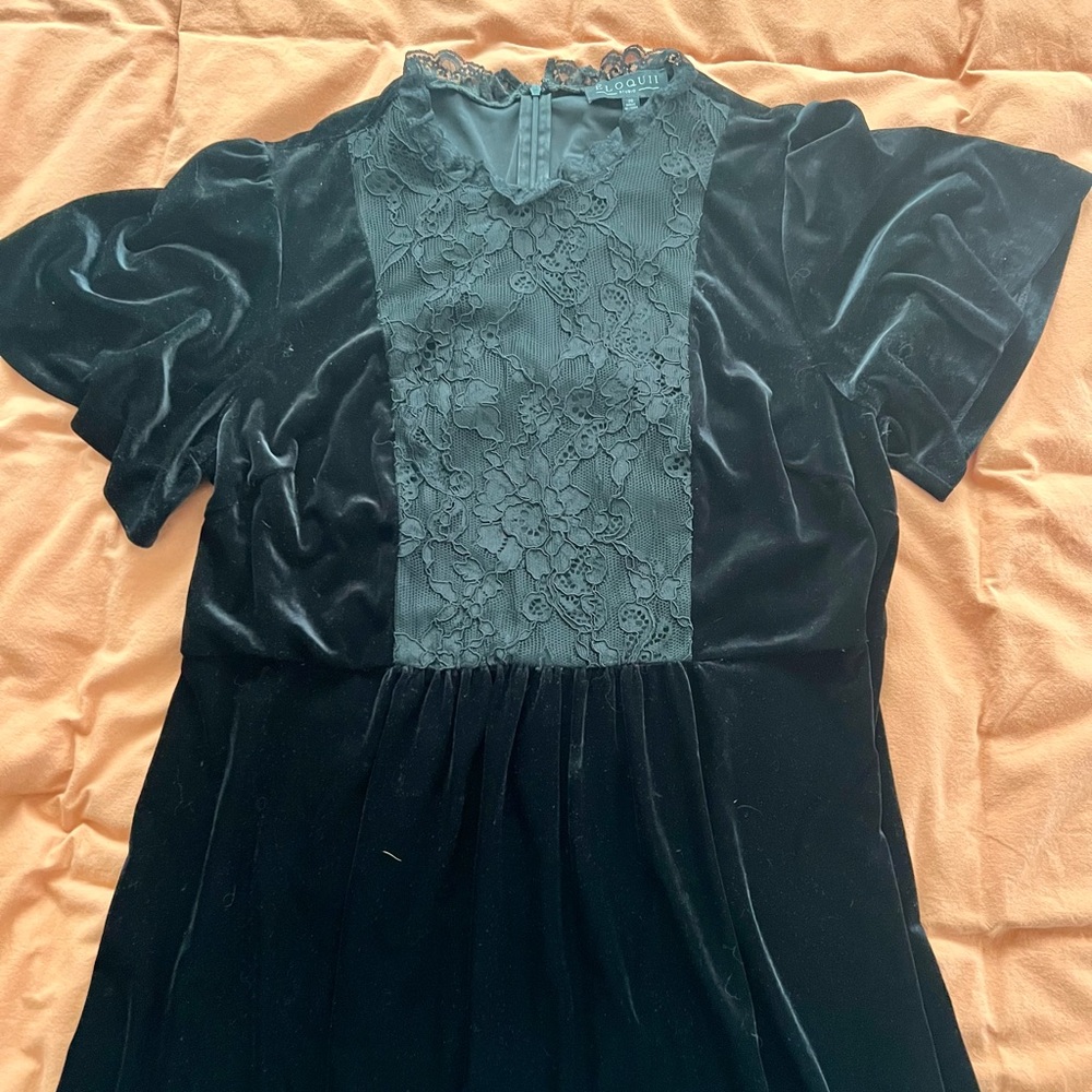 Eloquii Black Velvet Midi Dress with Lace Yoke